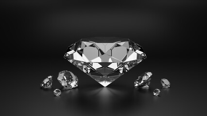 The big one diamond and many small diamonds on black background 3D rendering - obrazy, fototapety, plakaty