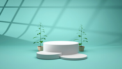 Podium with plant and shadow on background 3D rendering