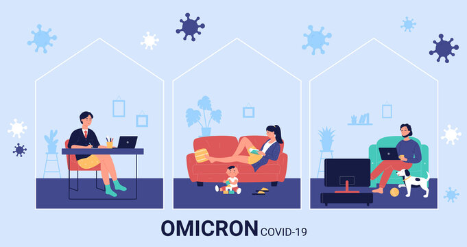 Awareness and social media campaign for self isolation during quarantine. People stay and work at home for flu prevention and precaution of coronavirus omicron diseases flat vector illustration