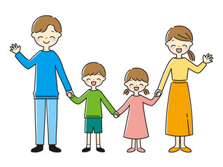 笑顔で手を繋ぐ4人家族のイラスト