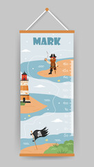 Kids height charts. Meter wall with pirate captain, flag and lighthouse. Vector illustration in doodle cartoon style. Childish growth chart. Poster template for nursery interior.