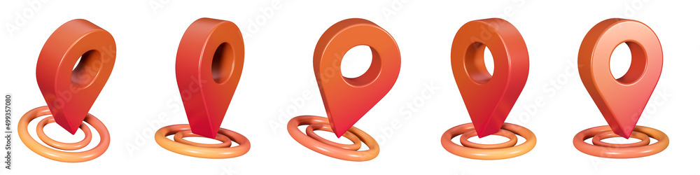 Poster Realistic shiny red map pointers set in various angles. Map pointer 3d pin. Location symbols. 3d render.