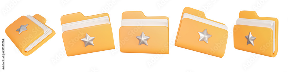 Poster 3d render folder with documents set. file management concept. folder with documents on white backgro