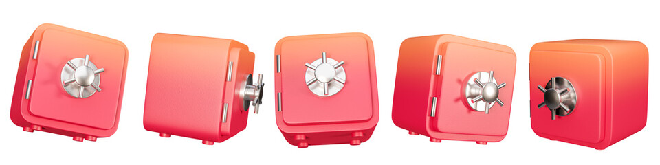 3d render closed cute red safe box isolated on white background. Various angles view. Banking safety clip art.