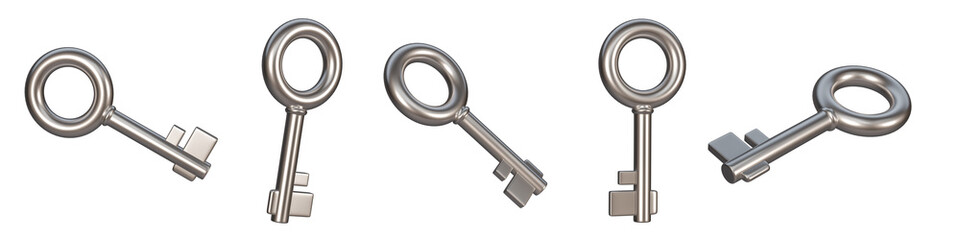 3d realistic set of golden old vintage keys. 3d render.