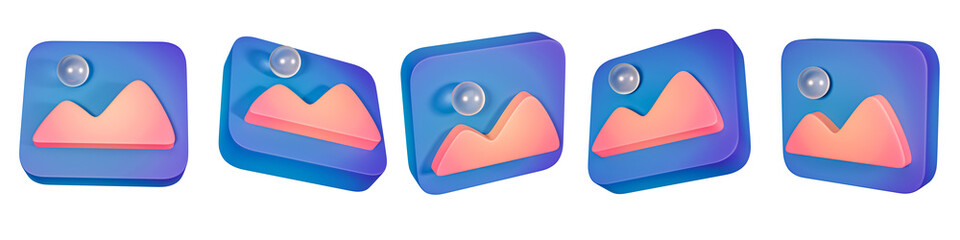 Set of gallery icons, images photos and videos. Realistic 3d design. Soft multicolored pastel colors. 3d render.