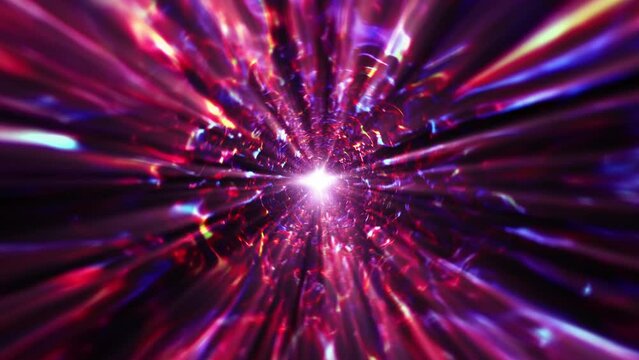 Flying in a colorful abstract fire energy hyper space tunnel concept. 4K bright vortex energy flows glow light seamless loop 3D animation. Plasma energy waves animation tunnel loop explosion effect.
