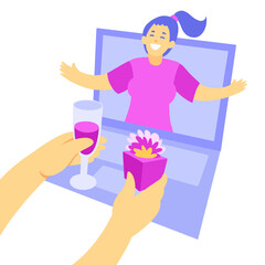 Friends celebrating birthday congratulations on screen of laptop.