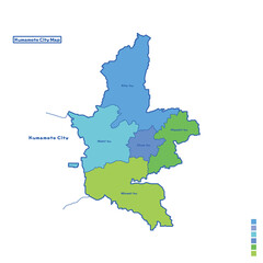 熊本市行政区・熊本市地図 雨の日カラーで色分けしてみた（英語版）