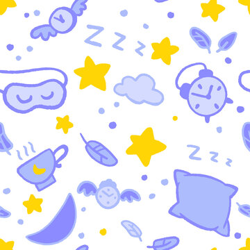 Seamless good night pattern with stars, moon, clouds, fethers and clocks.