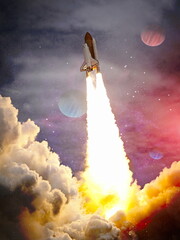 shuttle launch in the clouds to outer space. Dark space with stars on background.Spaceship flight....