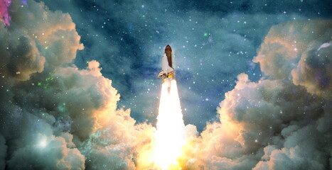 shuttle launch in the clouds to outer space. Dark space with stars on background.Spaceship flight....