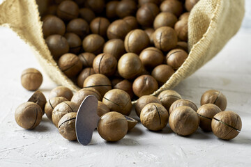 canvas bag with macadamia nuts close-up and a key for cracking nuts stuck in a nut