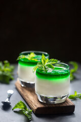 Dessert Panna Cotta with green mint sauce and fresh mint on dark background