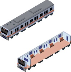 3Dアイソメトリックスタイルのオレンジの電車と車内のイラスト.