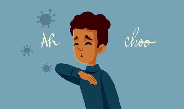 Boy with Viral Infection Sneezing in her Elbow Vector Cartoon
