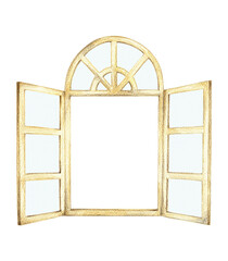 開いた洋風の木製の窓　すりガラス　手描き色鉛筆画