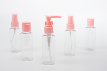 Travel set of plastic transparent containers for cosmetics.