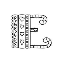 Doodle letter E. Hand drawn line ABC. Sketch alphabet. Kids illustration for coloring book. Editable outline