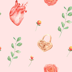 Seamless pattern with hand-drawn watercolor illustrations. Magical romance boho style. Texture for wrapping paper, fabric, decor.