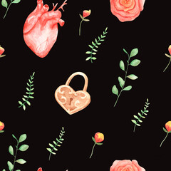 Seamless pattern with hand-drawn watercolor illustrations. Magical romance boho style. Texture for wrapping paper, fabric, decor.