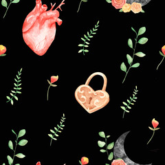 Seamless pattern with hand-drawn watercolor illustrations. Magical romance boho style. Texture for wrapping paper, fabric, decor.
