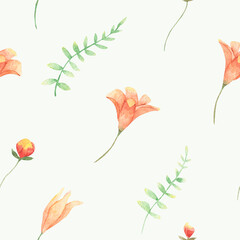 Seamless wallpaper with Lily flowers, watercolor illustration on light green background