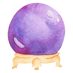 Hand drawn watercolor artwork. Painted aquarelle picture. Artist painting. An ancient purple glowing magic ball of predictions. An unusual wizard's inventory. A sphere with a portal inside.