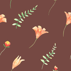 Floral seamless pattern.Colorful floral pattern with lily flowers and herbs on a dark background, drawing watercolor.
