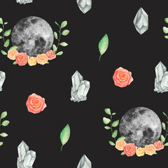 Seamless pattern with hand-drawn watercolor illustrations. Rose, cristal,moon  Magic School.Texture for wrapping paper, fabric, decor.