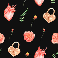 Seamless pattern with hand-drawn watercolor illustrations. Magical romance boho style. Texture for wrapping paper, fabric, decor.