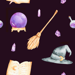 Seamless pattern with hand-drawn watercolor illustrations. Magic school witch items style. Texture for wrapping paper, fabric, decor.