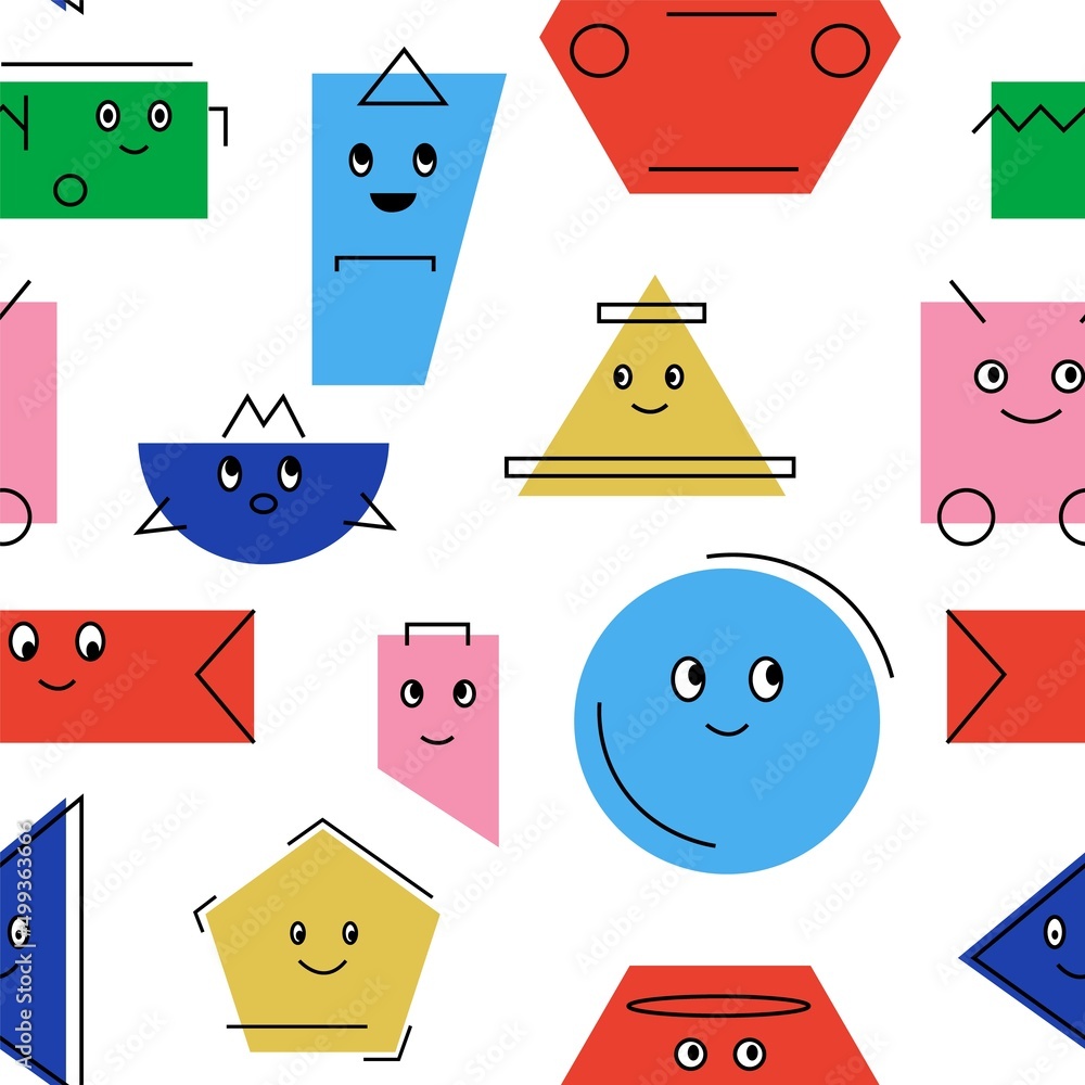 Poster Geometric characters pattern. Seamless print with cartoon funny abstract mascots. Face emotions. Childish background. Minimal geometry figures and contour line smiles. Vector texture