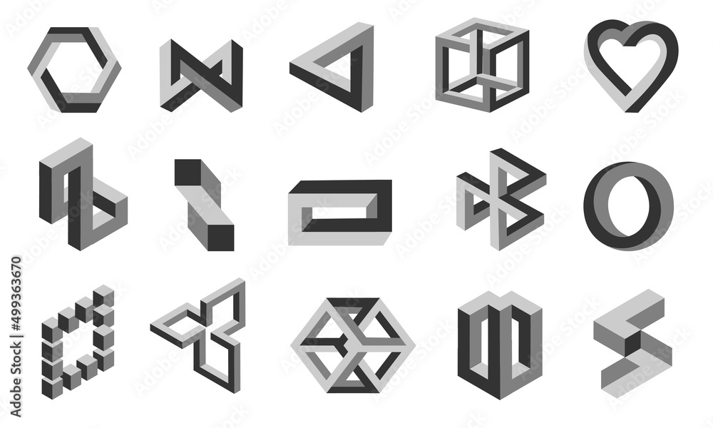 Aufkleber Illusion shapes. Impossible figures and optical delusion collection. Distorted visual perception. Amazing graphic tricks. Isolated unreal symbols. Vector looped geometric forms set