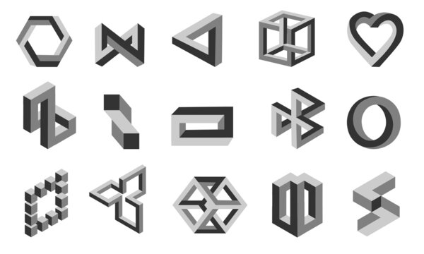 Illusion shapes. Impossible figures and optical delusion collection. Distorted visual perception. Amazing graphic tricks. Isolated unreal symbols. Vector looped geometric forms set