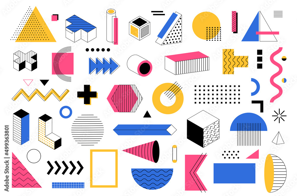 Aufkleber Geometric element. Memphis abstract shapes. Modern geometry. Colorful polygon figures. Cross and arrows. Curve lines. Squares and circles. Minimal forms composition. Vector graphic set