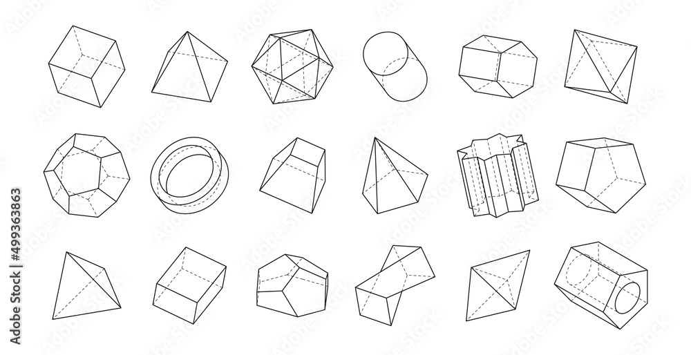 Poster Mathematical figures. Outline 3D geometric shapes. Triangular and hexagonal prisms. Parallelepiped and cylinder. Minimalistic cubes. Torus or pyramid. Vector polygonal line forms set