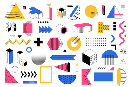 Geometric element. Memphis abstract shapes. Modern geometry. Colorful polygon figures. Cross and arrows. Curve lines. Squares and circles. Minimal forms composition. Vector graphic set