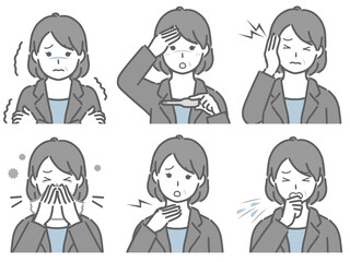 風邪の症状があるスーツの中年女性