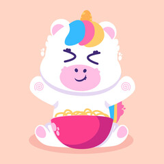 Cute unicorn with food cartoon vector illustration. animal fantasy concept isolated
