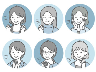 喜ぶ中年女性の斜め向き丸アイコンセット