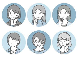 困る中年女性の斜め向き斜め向き丸アイコンセット