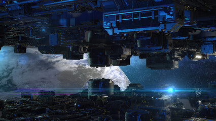 3d illustration - alien sci-fi city with optical flares. © vitanovski