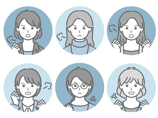 怒る中年女性の丸アイコンセット