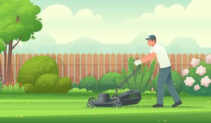 Man cuts the lawn with a lawn mower in the garden. Gardener. Vector illustration - obrazy, fototapety, plakaty