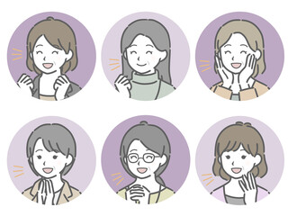 喜ぶ中年女性の斜め向き丸アイコンセット
