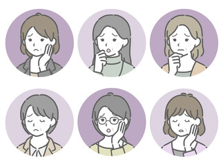 困る中年女性の斜め向き丸アイコンセット