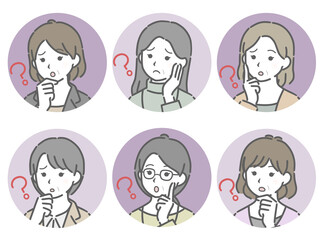 疑問に思う中年女性の斜め向き丸アイコンセット
