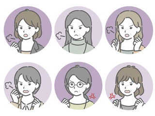 怒る中年女性の斜め向き丸アイコンセット