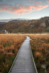 Stunning Autumn landscape sunrise image looking towards Borrowdale Valley from Manesty Park in Lake District with fog rolling across the landscape